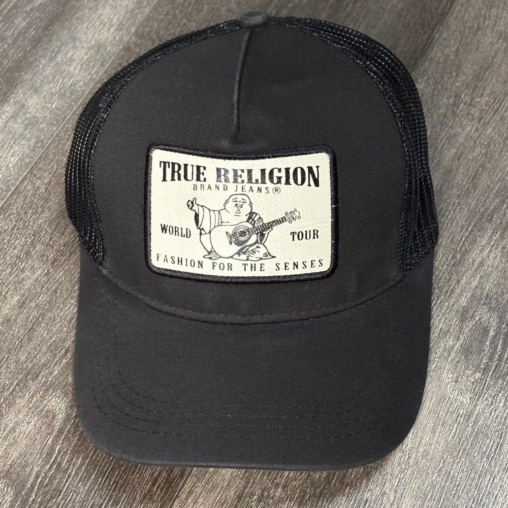 True Religion World Tour Black Trucker Hat Buddha Logo Mesh Snapback Cap NWT